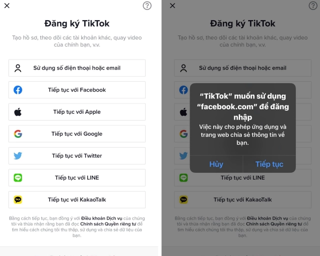 Lựa chọn tài khoản mạng xã hội đăng ký TikTok